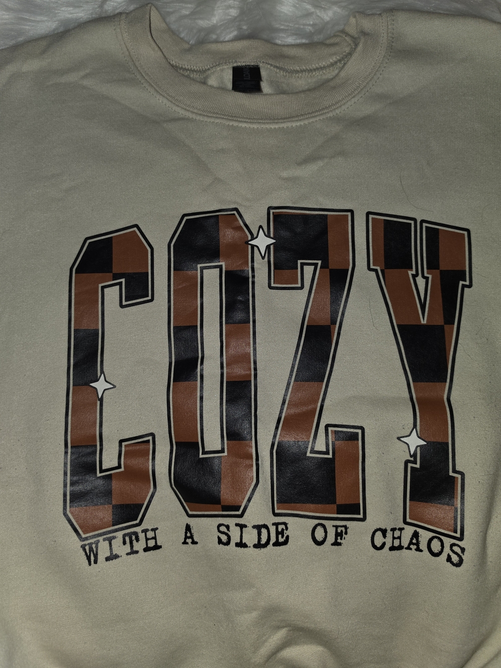 Gildan Cream Crewneck Sweatshirt with Brown and Black 'COZY' Graphic